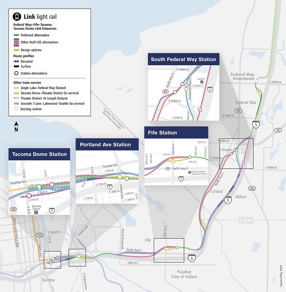 Map showing the Tacoma Dome Link Extension project. Additional details in long description below