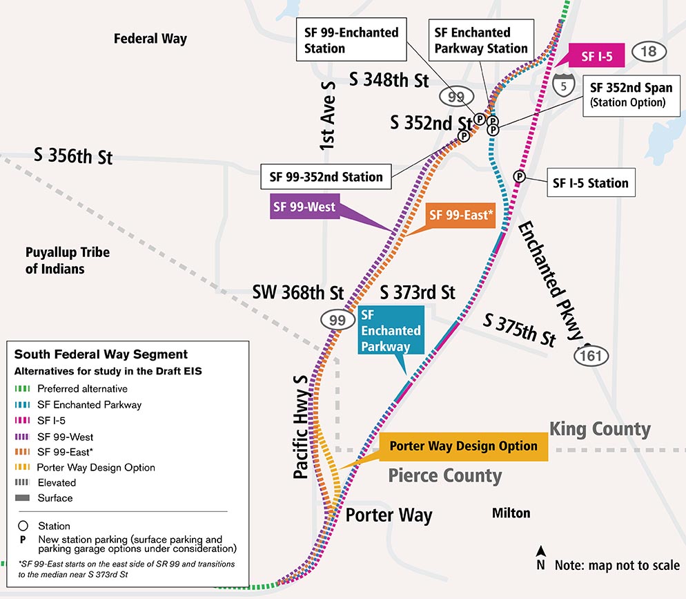 Representative map showing the start of Tacoma Dome Link Extension is at the end of the Federal Way Link Extension at the Federal Way Transit Center. Additional details below