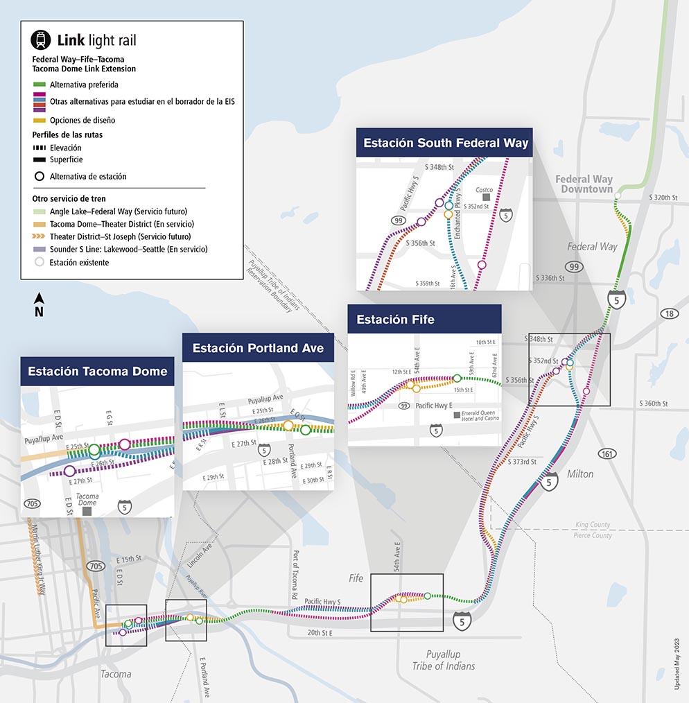 Mapa que muestra el proyecto de la Extensión de Link al Tacoma Dome. Se muestran más detalles en la descripción a continuación