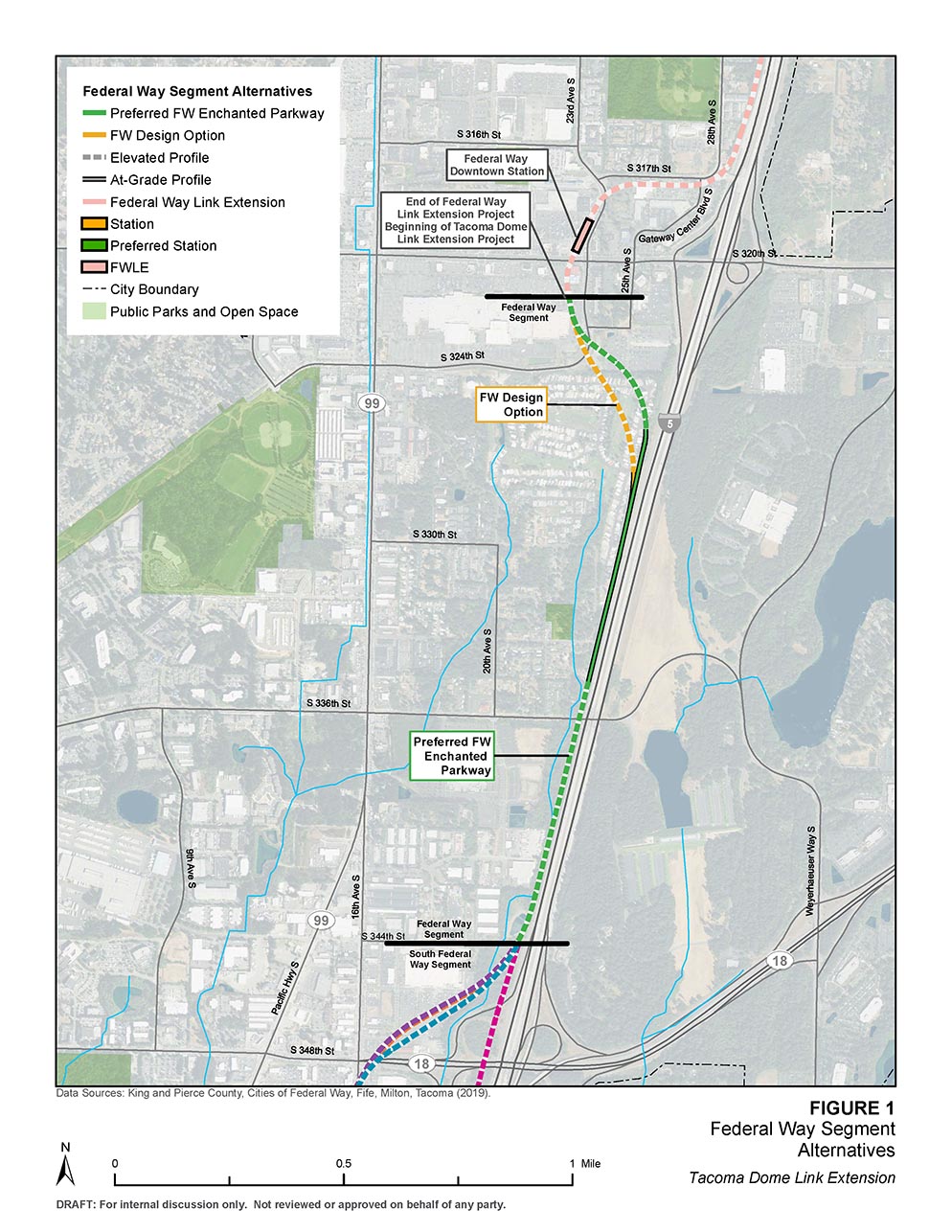 Satellite map of South Federal Way route and station alternatives. The preferred route alternative travels along Enchanted Parkway S with station alternatives at Enchanted Parkway S and S 352nd St. Another route alternative travels adjacent to I-5 with a station alternative near S 356th St. Click map to view a full-size PDF map.