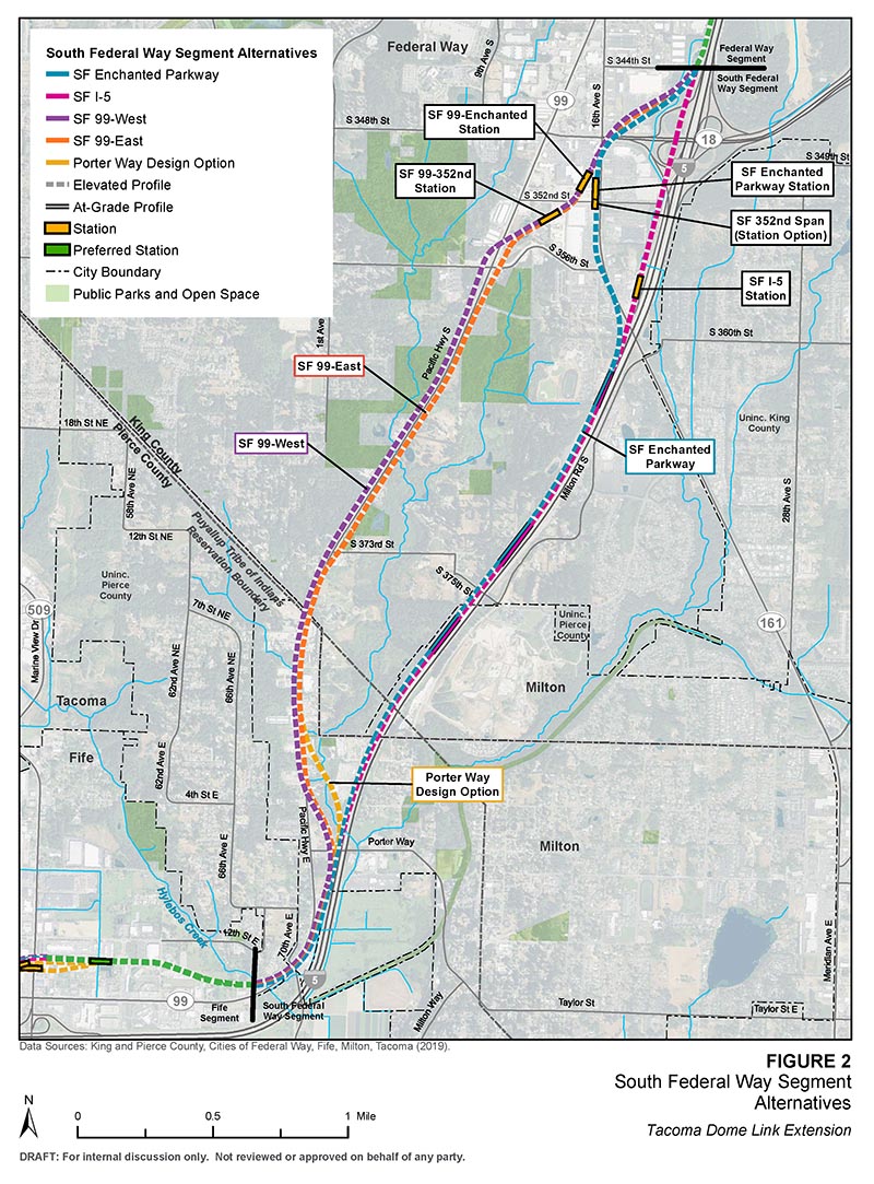 Satellite map of South Federal Way route and station alternatives. The preferred route alternative travels along Enchanted Parkway S with station alternatives at Enchanted Parkway S and S 352nd St. Another route alternative travels adjacent to I-5 with a station alternative near S 356th St. Click map to view a full-size PDF map.