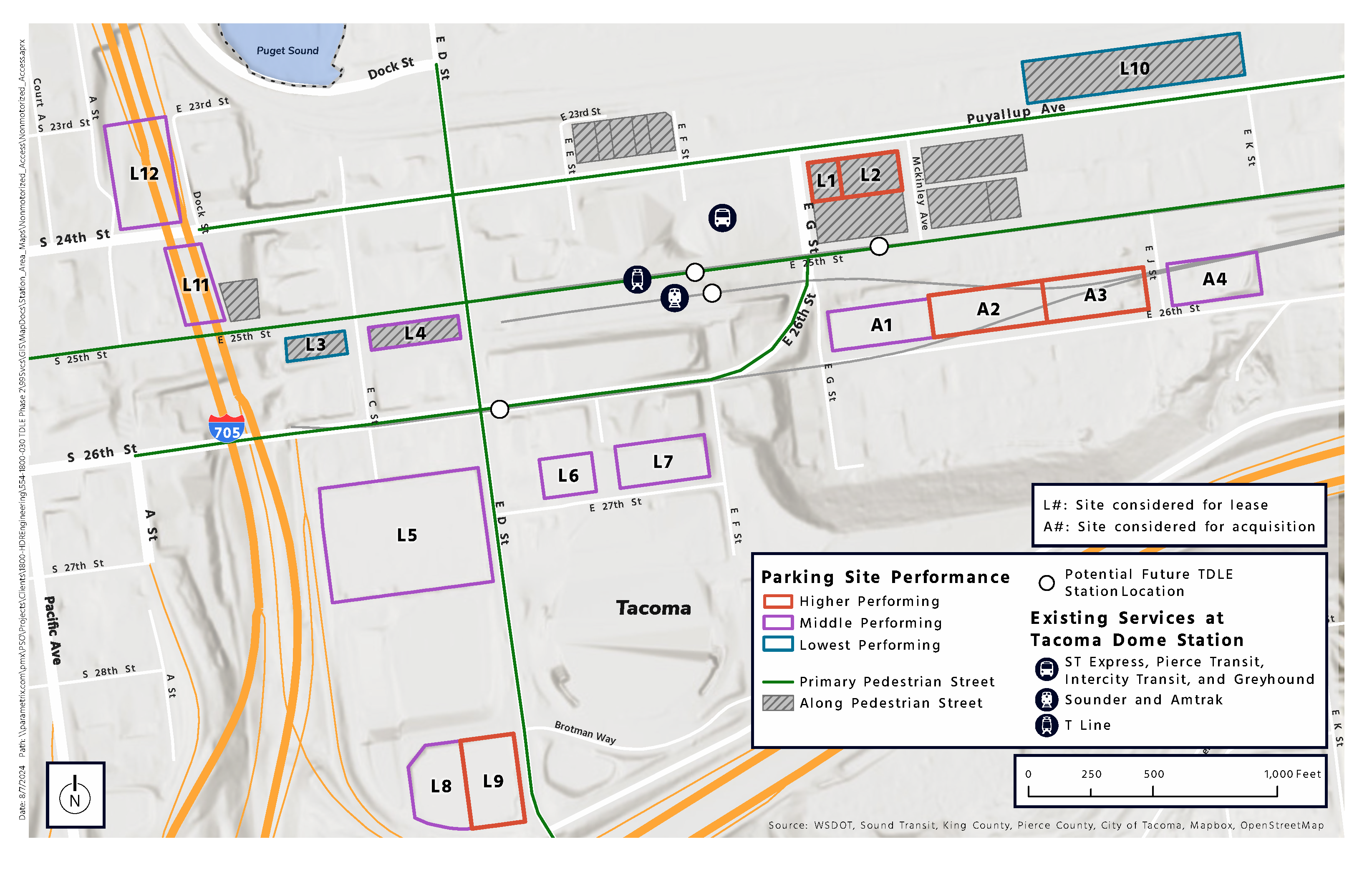 A map of the Tacoma Dome Station area located east of 705 and north of I-5. The map labels 16 potential surface parking lots in the Tacoma Dome area. Sound Transit evaluated these 16 leased and sites for purchase to see where they could implement 300 additional parking stalls so that drivers can easily access the Tacoma Dome Station area now and in the future when the Tacoma Dome Link Extension opens. At a high level, two of the sites scored a low rating, nine of the sites scored a medium rating, and five of the sites scored a high rating. The criteria for the evaluation is outlined on this page of the online open house.