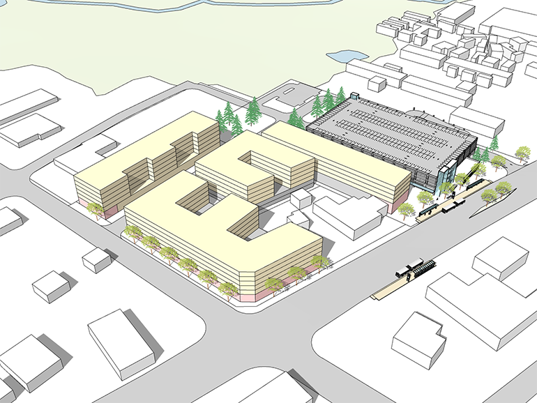 Imagen del concepto del futuro estacionamiento cubierto en Kenmore park-and-ride y posible TOD en los inmuebles aledaños.