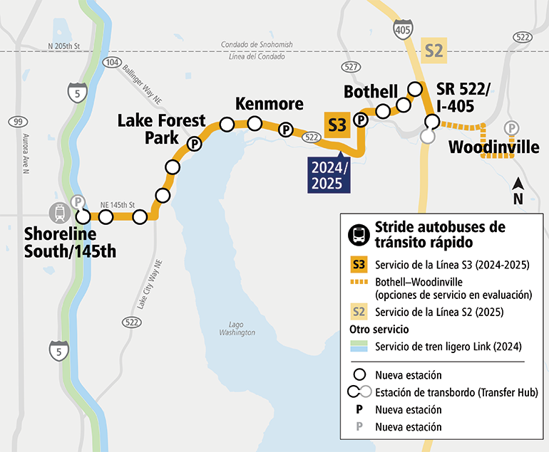 Mapa que muestra la Línea Stride S3 BRT a lo largo de SR 522 y NE 145th Street. El mapa muestra la Línea S3 de Shoreline a Bothell y actualmente se están evaluando opciones de servicio de Bothell a Woodinville. La Línea S3 consta de 14 estaciones y área de estacionamiento adicional en Lake Forest Park, Kenmore y Bothell. El mapa muestra el servicio de la Línea S3 a partir de 2024-2025.