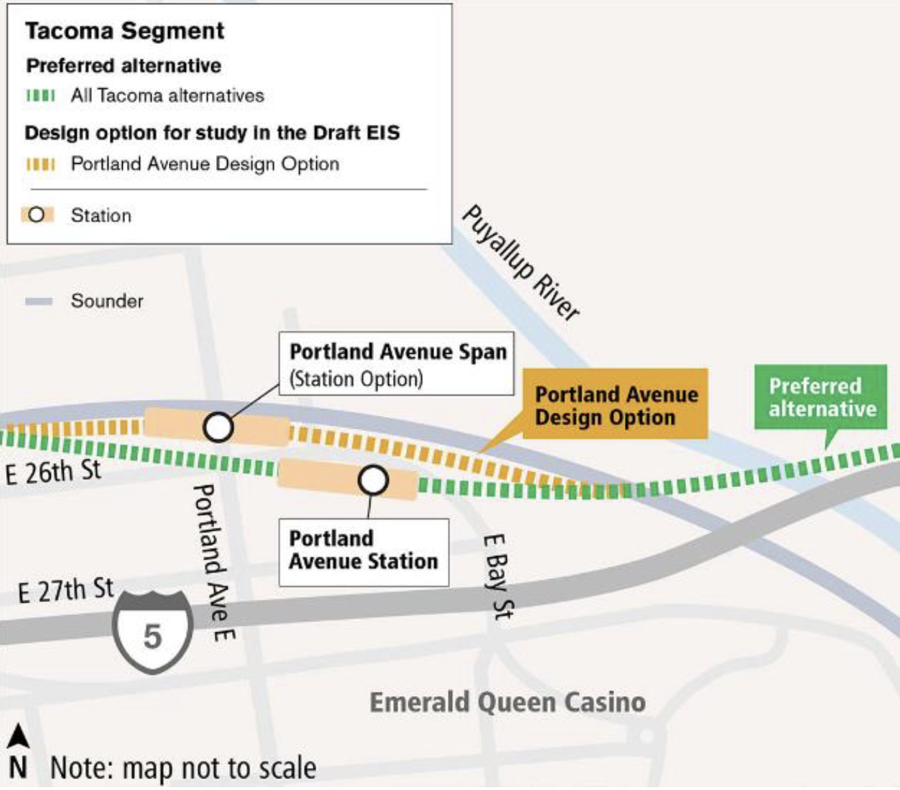Representative map of Portland Avenue route and station alternatives. The preferred route alternative passes through a station alternative located between Portland Ave E and E Bay St. A second station alternative spans the road of Portland Ave E and is adjacent to Sound Transit Sounder tracks. Click map to view a full-size PDF map.