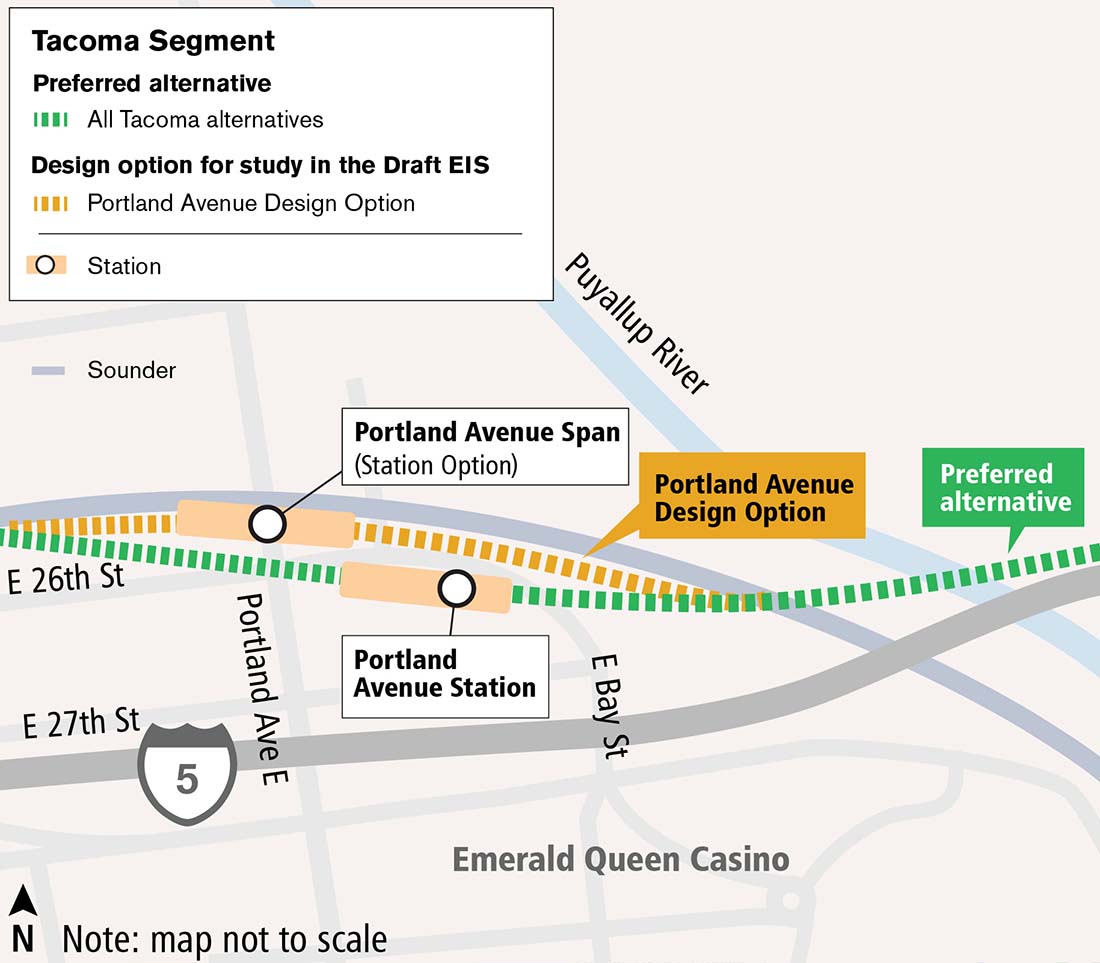Representative map of Portland Avenue route and station alternatives. Additional details in long description below